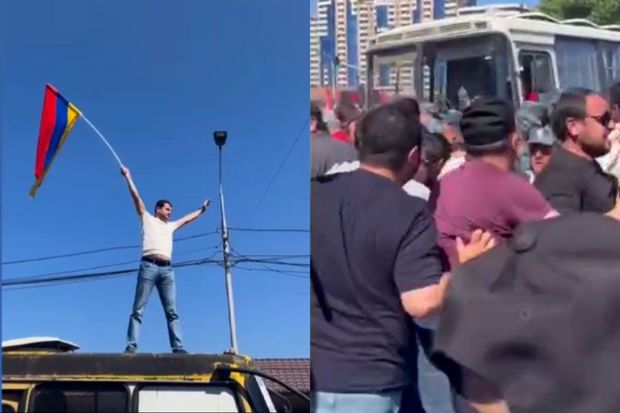 İrəvanda etirazlar: Avtobusun üstündə bayraq qaldıranı polislər yerlə sürüdülər - Video