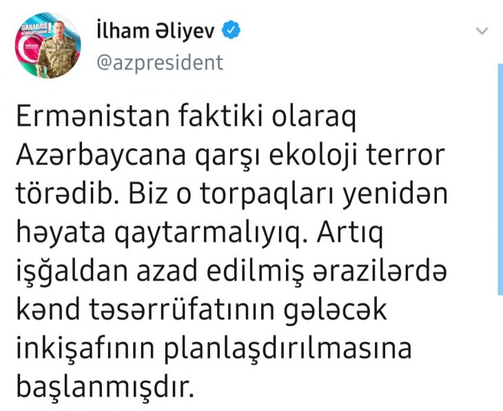 İlham Əliyevdən yeni TVİT: "O torpaqları yenidən həyata qaytarmalıyıq"